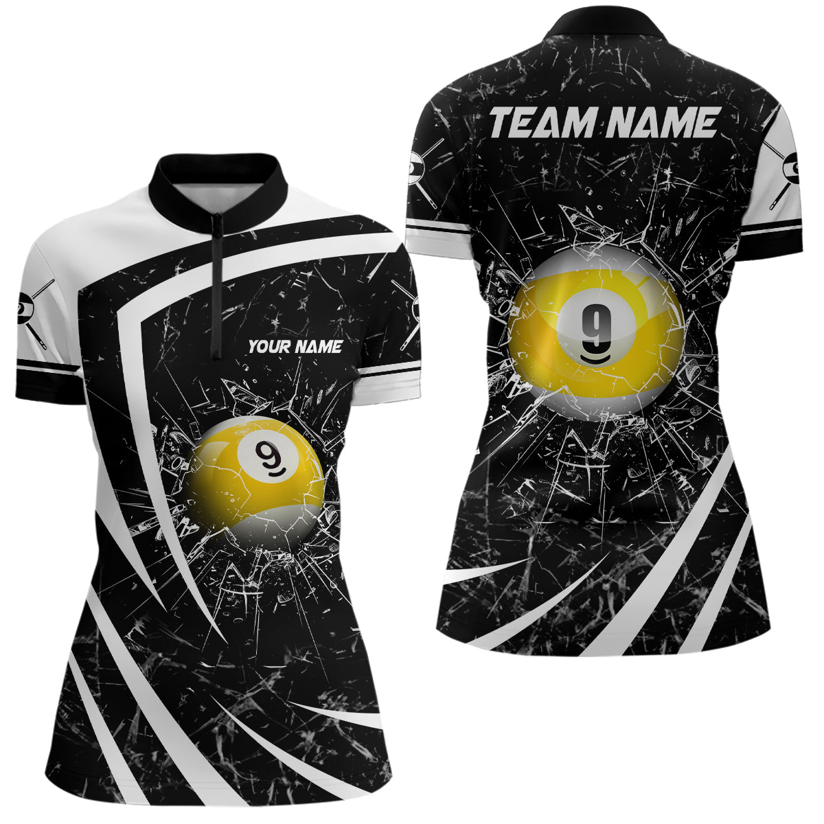 Personalized White Black Glass Break 9 Ball Pool Quarter Zip Shirts For Women 9 Ball Pool Team Shirts VHM1168