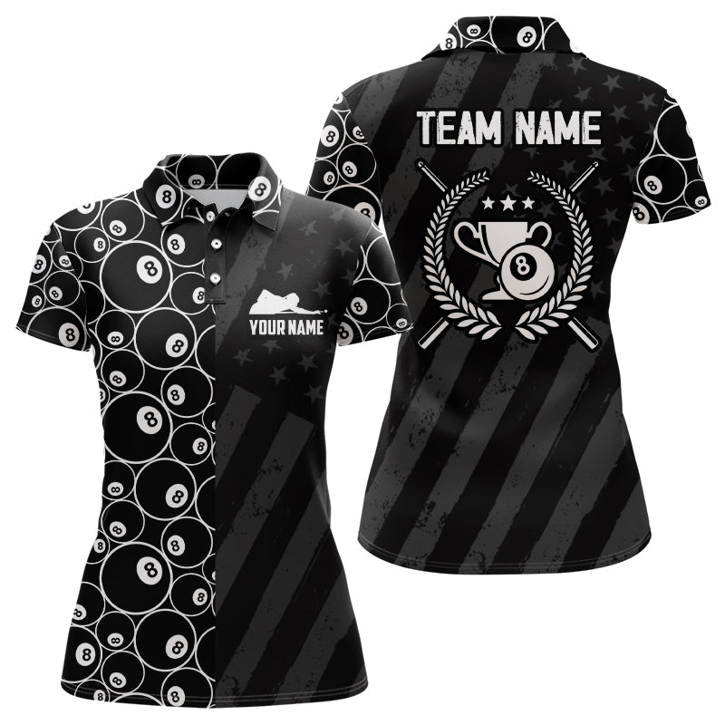 Personalized US Flag 8 Ball Billiard 3D Polo Shirts For Women, Billiard 8 Ball Trophy Emblem Jerseys VHM0076