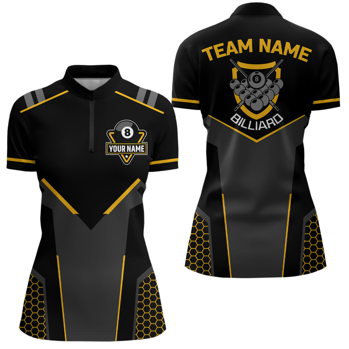 Personalized Black Yellow 8 Ball Billiard 3D Quarter-Zip Shirts For Women, 8 Ball Pool Team Jerseys VHM1054