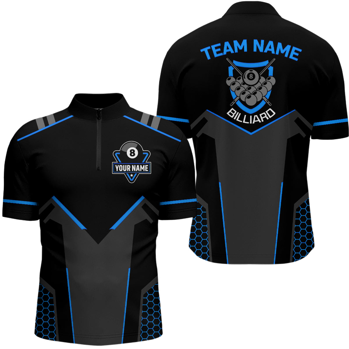 Personalized Black Blue 8 Ball Billiard 3D Quarter-Zip Shirts For Men, 8 Ball Pool Team Jerseys VHM1057