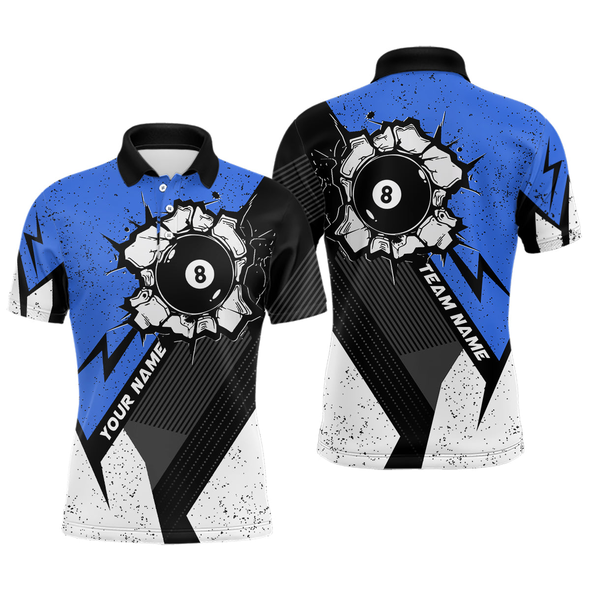 Personalized Style Blue Grunge 8 Ball Billiard 3D Polo Shirts For Men, 8 Ball Pool Team Jerseys VHM1064