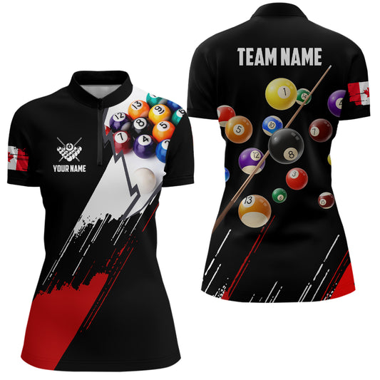 Personalized Red Black Billiard Balls Quarter-Zip Shirts For Women, Canadian Flag 8 Ball Pool Shirts VHM0758