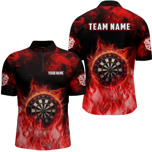 Personalized Flame Red Dart Quarter-Zip Shirts For Men, Dart Team Jerseys Custom Mens Dart Shirts VHM1084