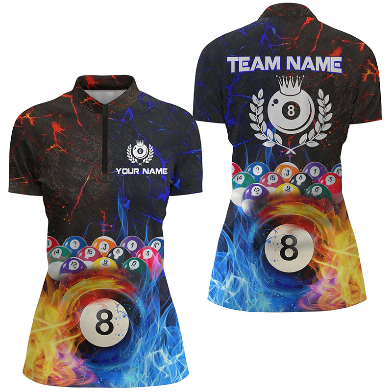 Billiard 8 Ball Water Fire Personalized 3D Quarter-Zip Shirts For Women, Pool League Shirts TDM0571
