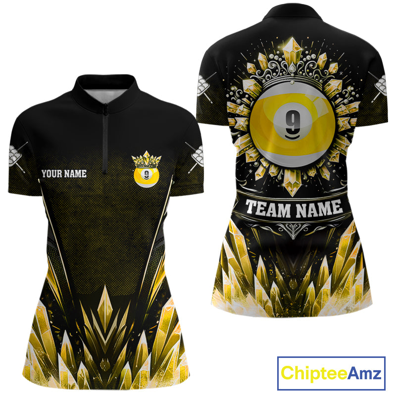 Customized Yellow Icy Funny 9 Ball Pool Crown Women Quarter-Zip Shirt Custom Billiard Jersey TDM1297