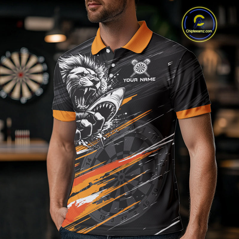 Orange And Black Grunge Lion And Shark Dart Shirts Custom Men's Dart Jersey Polo & Quarter Zip TDM3847