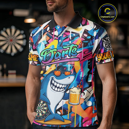 Funny Shark Colorful Graffiti Style Custom Dart Shirts For Men, Dart Team Jersey Best Darts Outfit TDM3849