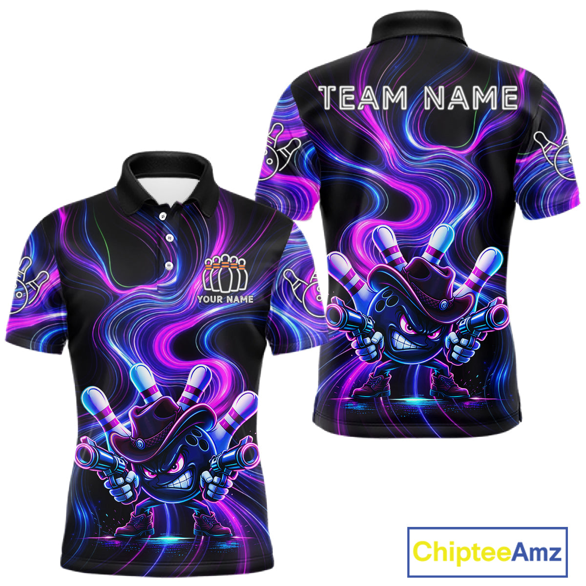 Custome Neon Blue Purple Funny Bowling Shirt For Men, Bowling League Team Jersey Polo & 1/4 Zip TDM6277
