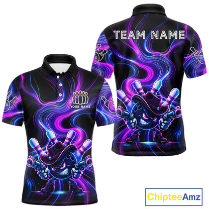 Custome Neon Blue Purple Funny Bowling Shirt For Men, Bowling League Team Jersey Polo & 1/4 Zip TDM6277