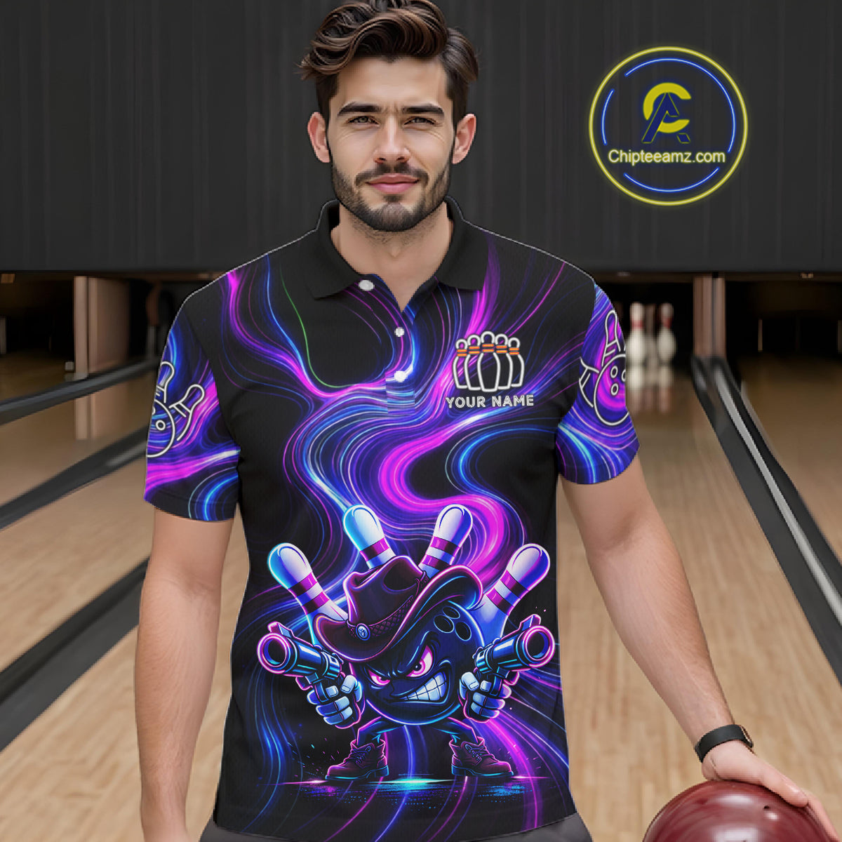 Custome Neon Blue Purple Funny Bowling Shirt For Men, Bowling League Team Jersey Polo & 1/4 Zip TDM6277