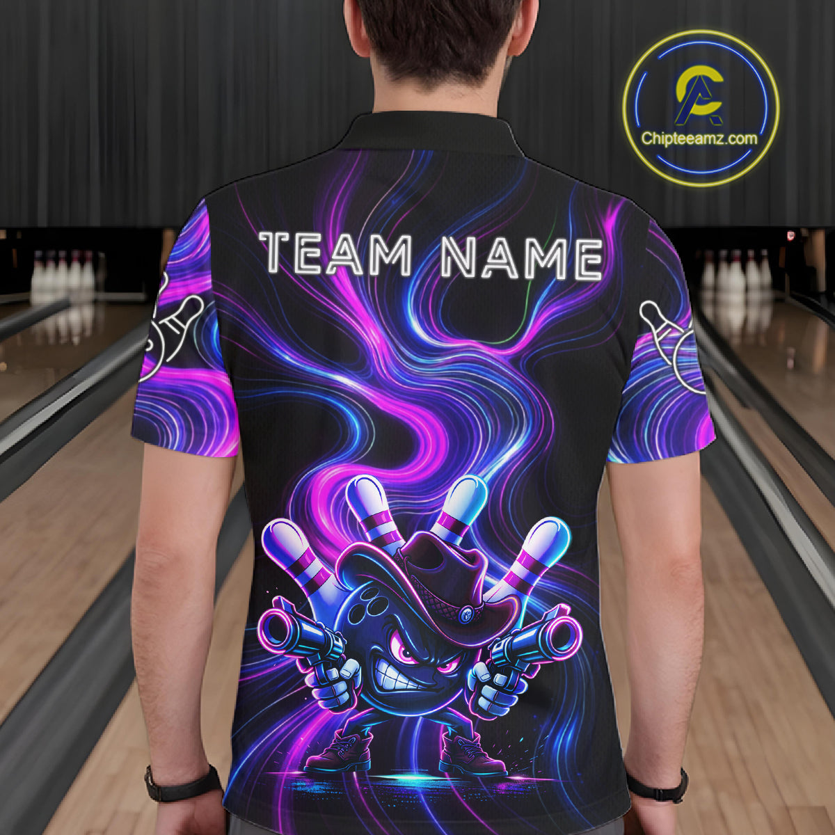 Custome Neon Blue Purple Funny Bowling Shirt For Men, Bowling League Team Jersey Polo & 1/4 Zip TDM6277