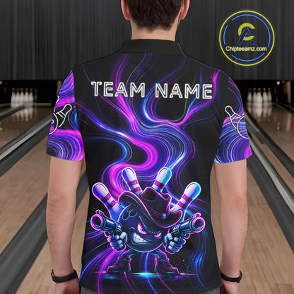 Custome Neon Blue Purple Funny Bowling Shirt For Men, Bowling League Team Jersey Polo & 1/4 Zip TDM6277