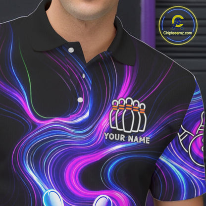 Custome Neon Blue Purple Funny Bowling Shirt For Men, Bowling League Team Jersey Polo & 1/4 Zip TDM6277