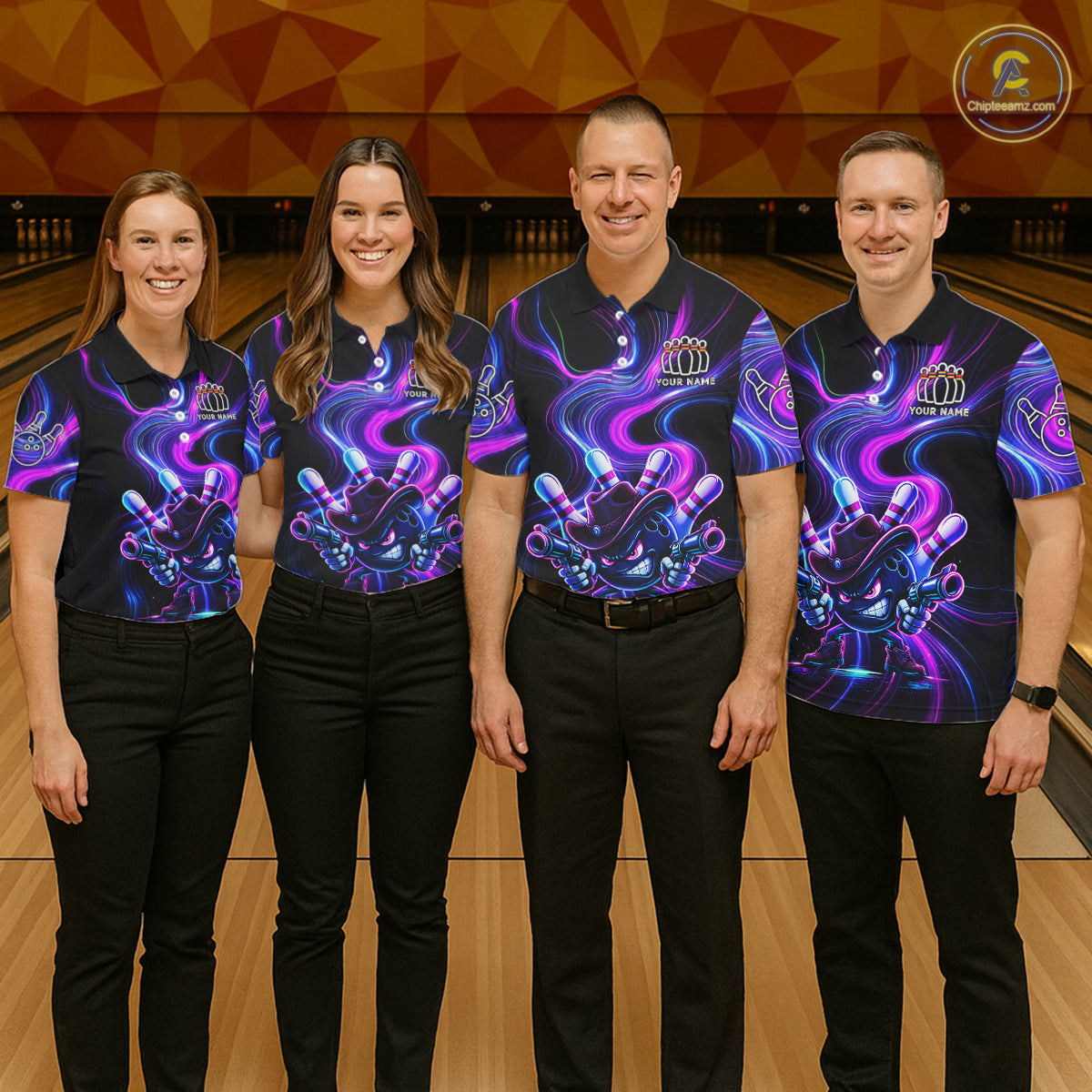 Custome Neon Blue Purple Funny Bowling Shirt For Women, Bowling League Team Jersey Polo & 1/4 Zip TDM6277