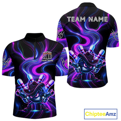 Custome Neon Blue Purple Funny Bowling Shirt For Men, Bowling League Team Jersey Polo & 1/4 Zip TDM6277