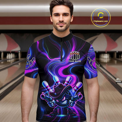 Custome Neon Blue Purple Funny Bowling Shirt For Men, Bowling League Team Jersey Polo & 1/4 Zip TDM6277