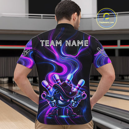 Custome Neon Blue Purple Funny Bowling Shirt For Men, Bowling League Team Jersey Polo & 1/4 Zip TDM6277