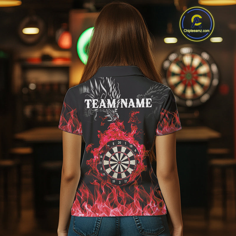 Personalized Red Flaming Dragon Dart Shirts For Women Custom Darts Team Jerseys Polo & Quarter Zip TDM4310