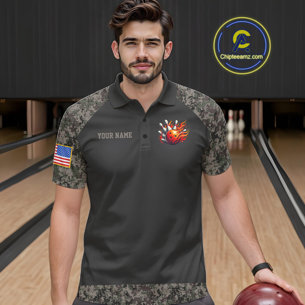 Man wearing personalized retro camo US flag patriotic bowling polo shirt front view.