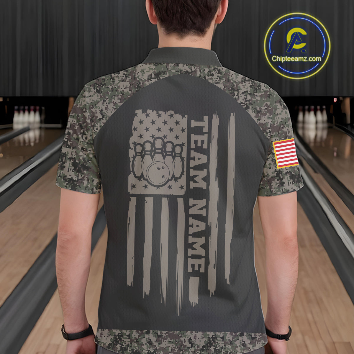 Man wearing personalized retro camo US flag patriotic bowling polo shirt back view.