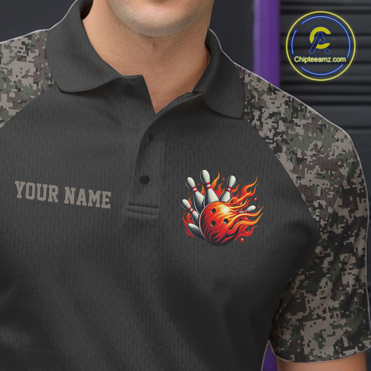 Close-up of the collar, buttons and chest detail on the personalized retro camo US flag patriotic bowling polo shirt for men.