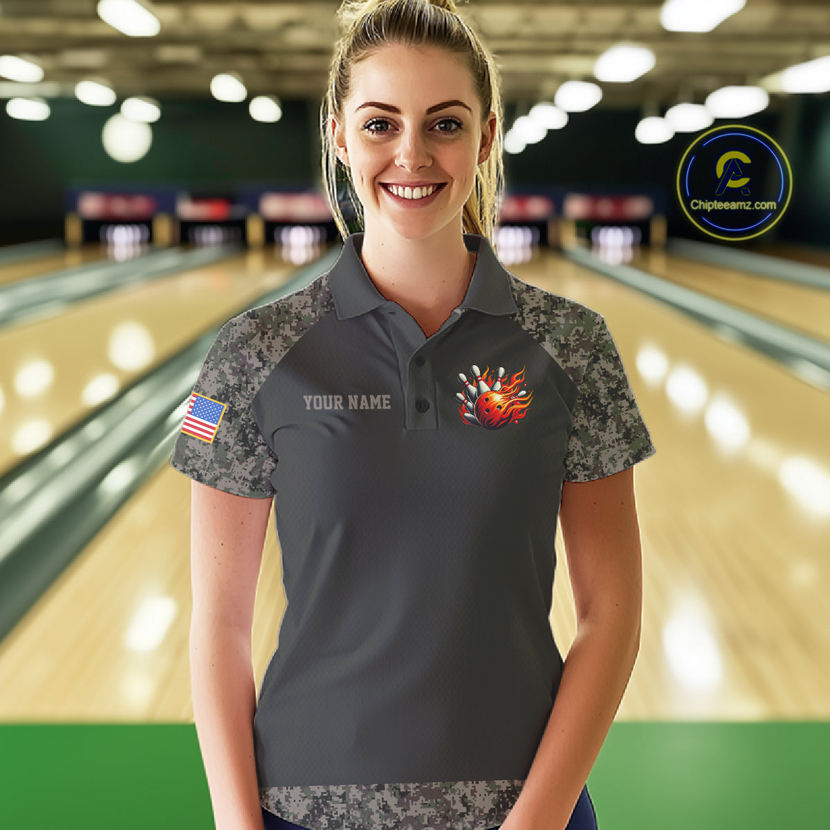 Woman wearing personalized retro camo US flag patriotic bowling polo shirt front view.