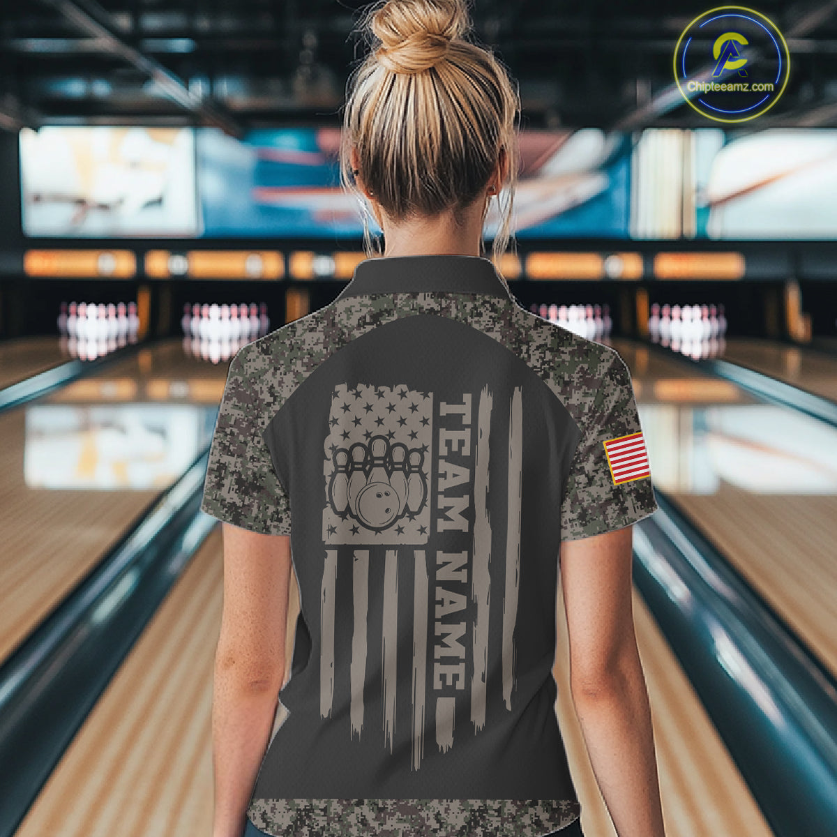 Woman wearing personalized retro camo US flag patriotic bowling polo shirt back view.
