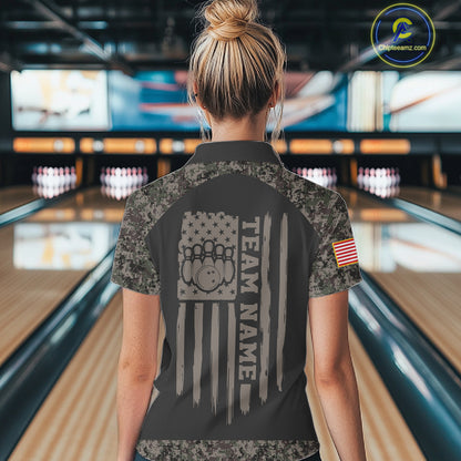 Woman wearing personalized retro camo US flag patriotic bowling polo shirt back view.