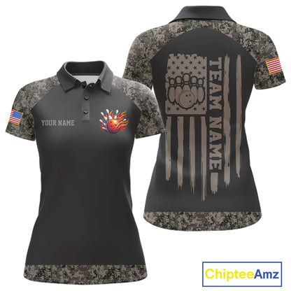 Personalized retro camo US flag patriotic bowling league team jersey polo shirt for women, custom bowling team apparel with vintage camouflage design.