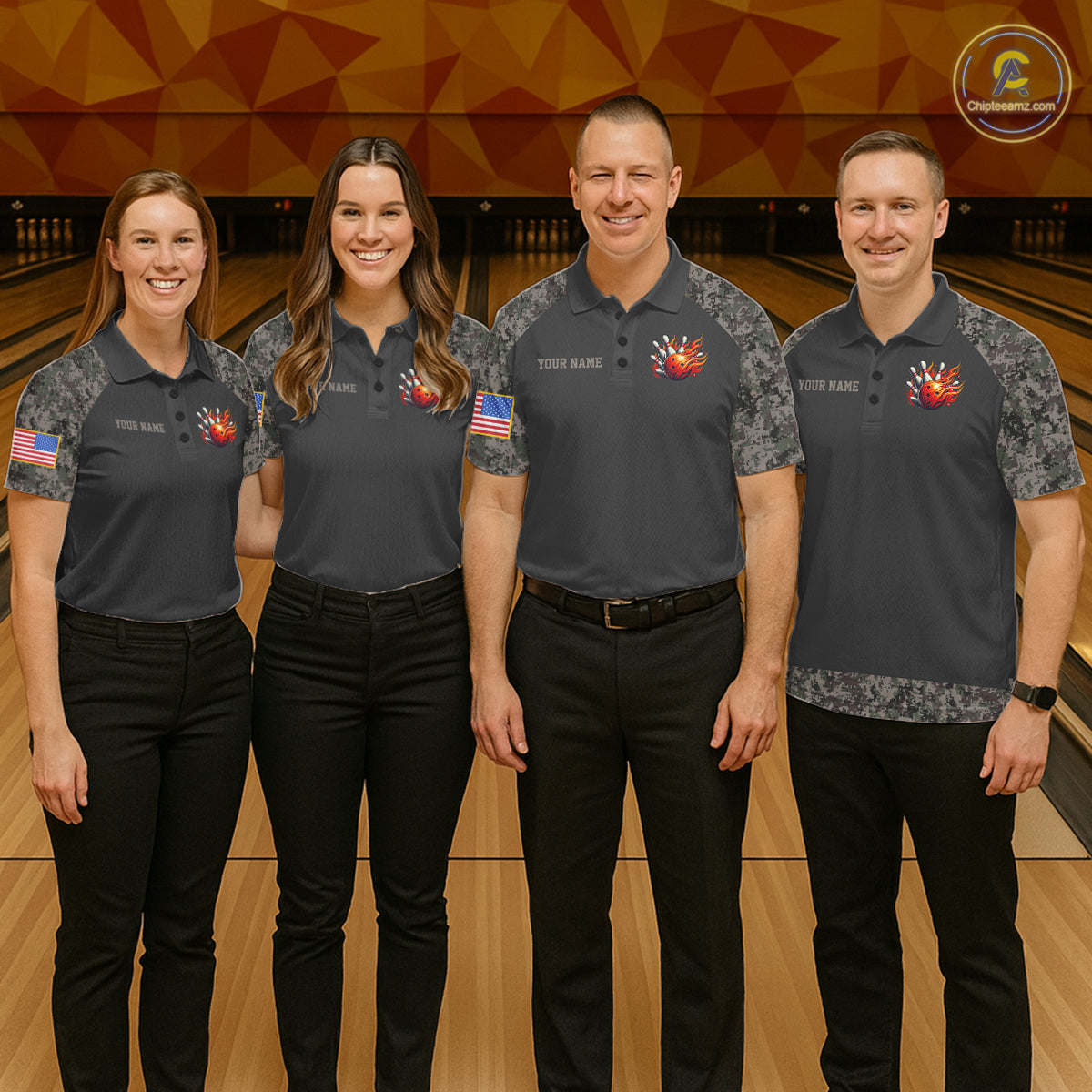 Bowling team wearing matching retro camo US flag patriotic bowling jerseys front view.