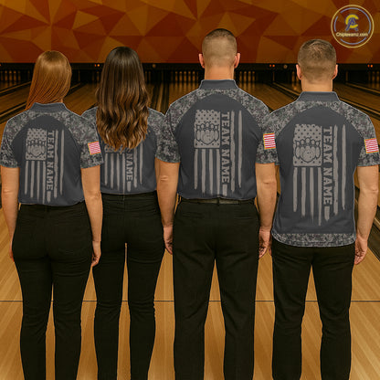 Bowling team wearing matching retro camo US flag patriotic bowling jerseys back view.