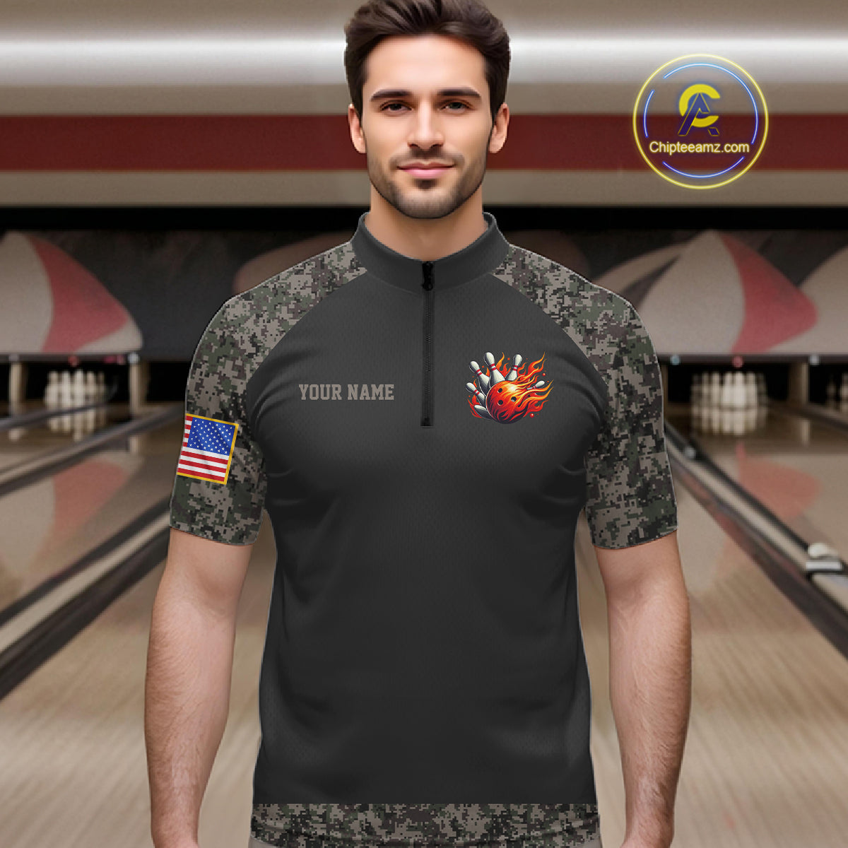 Man wearing personalized retro camo US flag patriotic bowling quarter zip shirt front view.