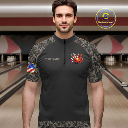 Man wearing personalized retro camo US flag patriotic bowling quarter zip shirt front view.