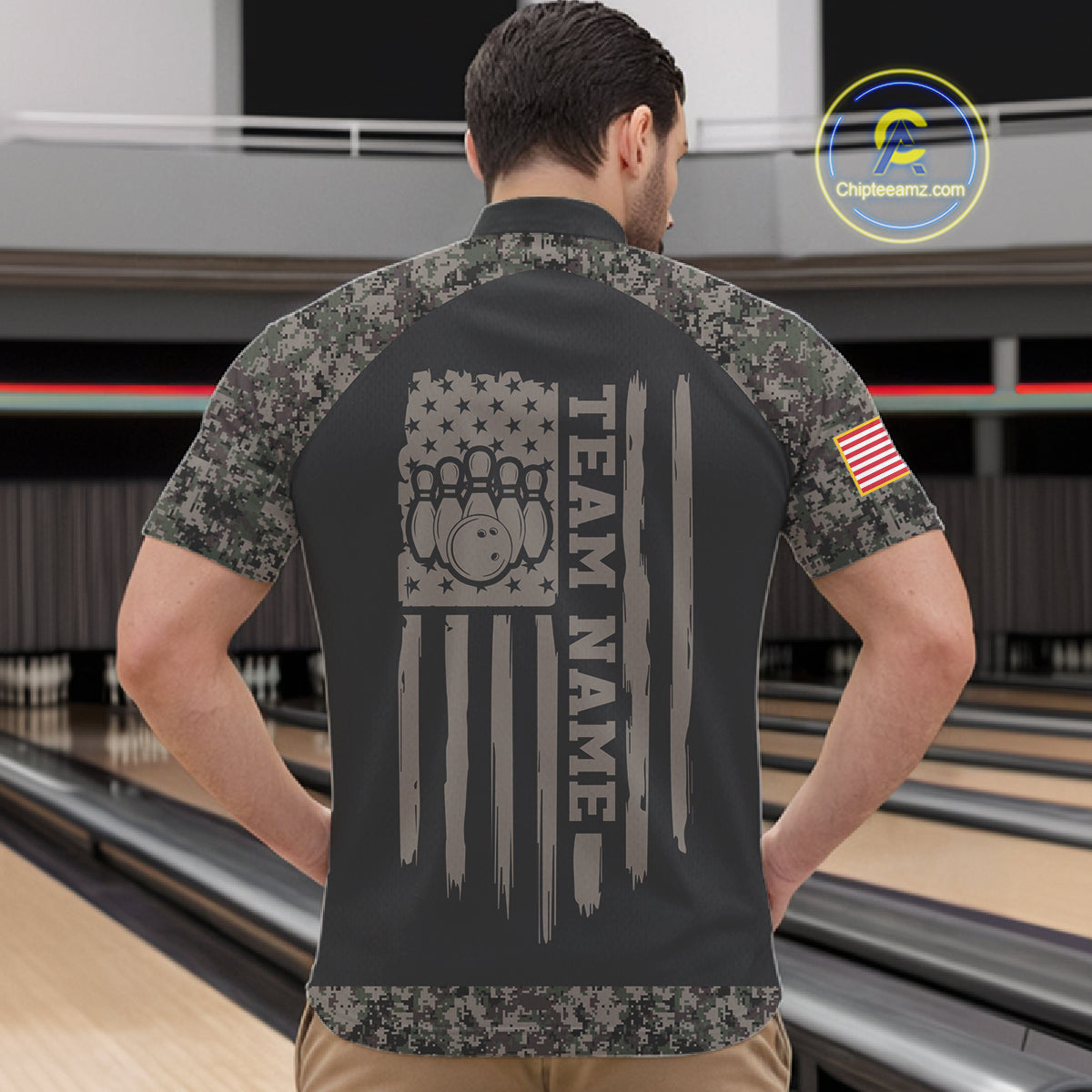 Man wearing personalized retro camo US flag patriotic bowling quarter zip shirt back view.