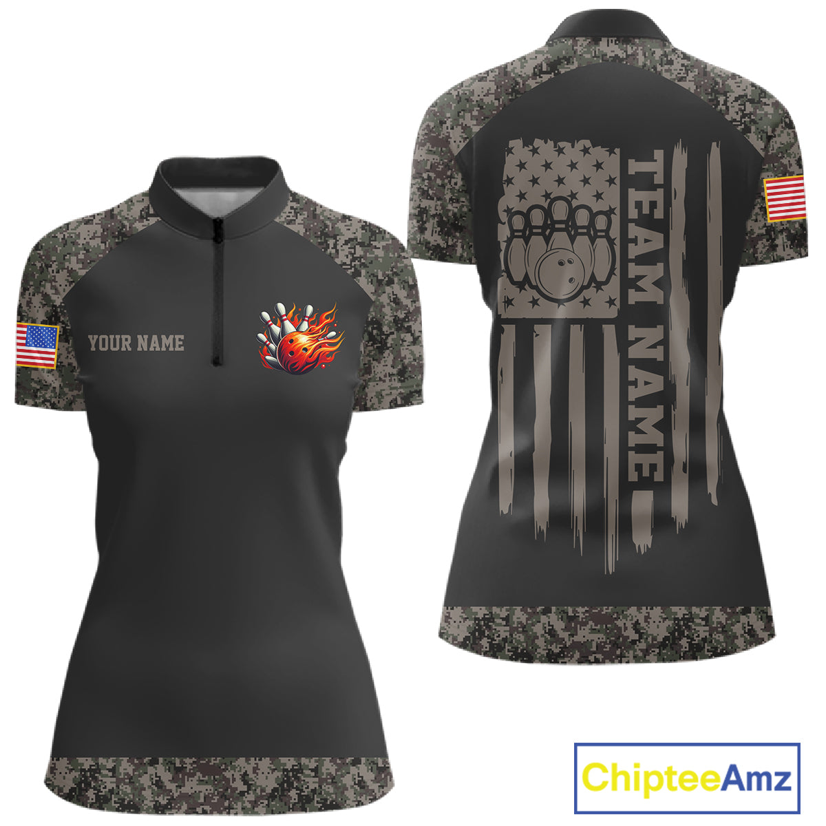 Personalized retro camo US flag patriotic bowling league quarter zip shirt for women, custom bowling team jersey.