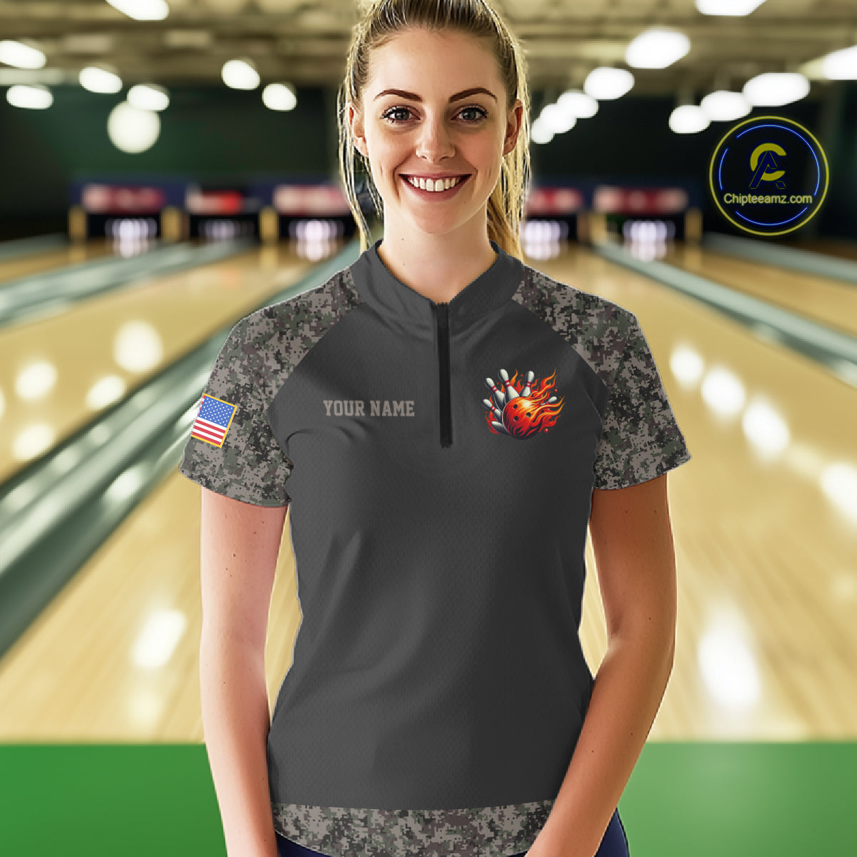 Woman wearing personalized retro camo US flag patriotic bowling quarter zip shirt front view.
