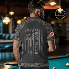 Load image into Gallery viewer, Man wearing personalized retro camo US flag 8 ball pool billiard polo shirt back view.