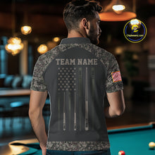 Load image into Gallery viewer, Man wearing personalized retro camo US flag patriotic 8 ball pool billiard polo shirt back view.