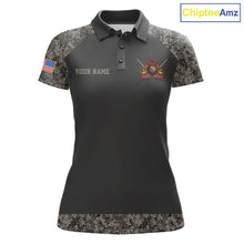 Load image into Gallery viewer, Personalized retro camo US flag patriotic 8 ball pool billiard team jersey polo shirt for women, custom pool league apparel and tournament jersey.