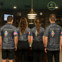 Load image into Gallery viewer, Billiard team wearing matching retro camo US flag patriotic 9 ball pool jerseys back view.