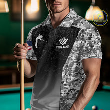 Load image into Gallery viewer, Man wearing black and white camo US flag 8 ball pool billiard polo shirt front view.