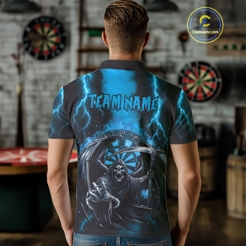 Personalized Blue Grim Reaper Thunder Lightning Darts Shirt For Men, 3D Darts Team Jerseys TDM4532