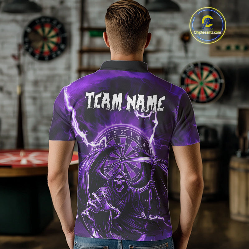 Purple Grim Reaper Lightning 3D Darts Shirt For Men Custom Darts Jersey Team Polo &  1/4 Zip TDM4952