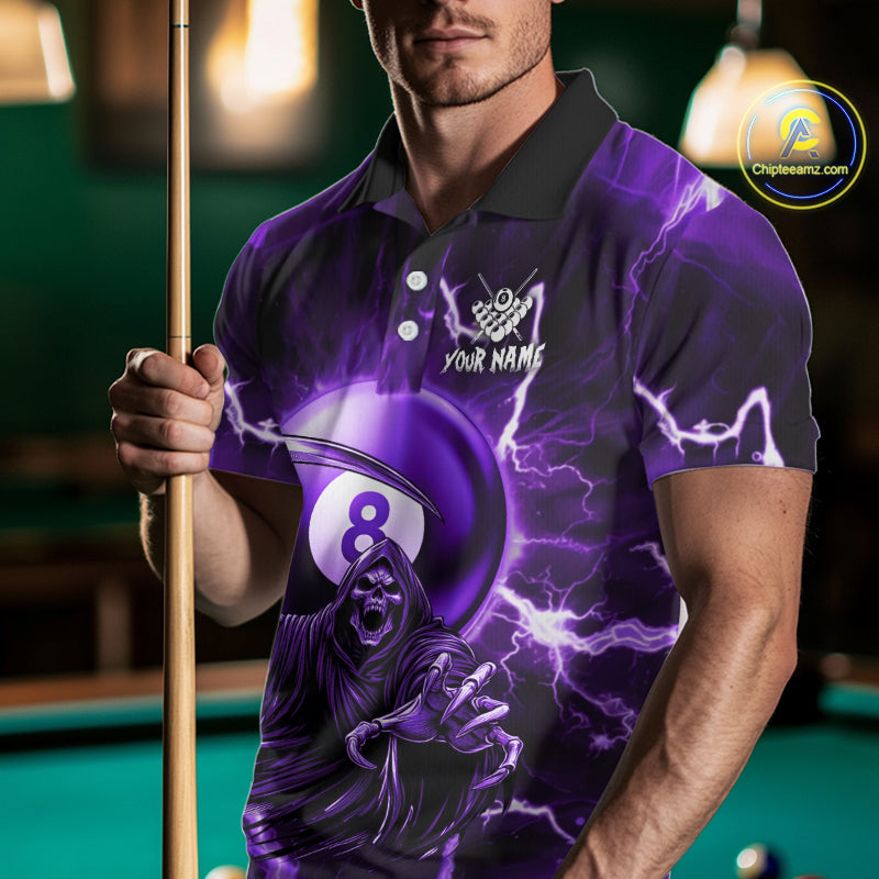 Purple Grim Reaper 8 Ball Billiard Shirt For Men Custom Lightning Pool Team Jersey Polo & 1/4 Zip TDM4955