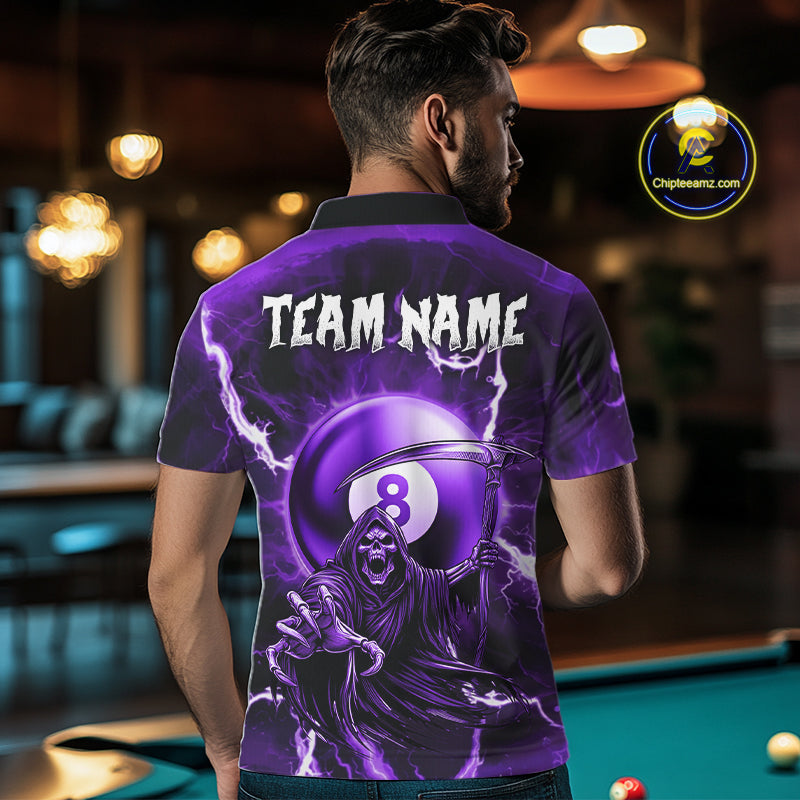 Purple Grim Reaper 8 Ball Billiard Shirt For Men Custom Lightning Pool Team Jersey Polo & 1/4 Zip TDM4955