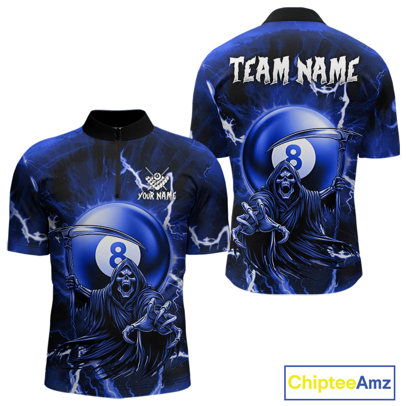 Blue Grim Reaper 8 Ball Billiard Shirt For Men Custom Lightning Pool Team Jersey Polo & 1/4 Zip TDM4957