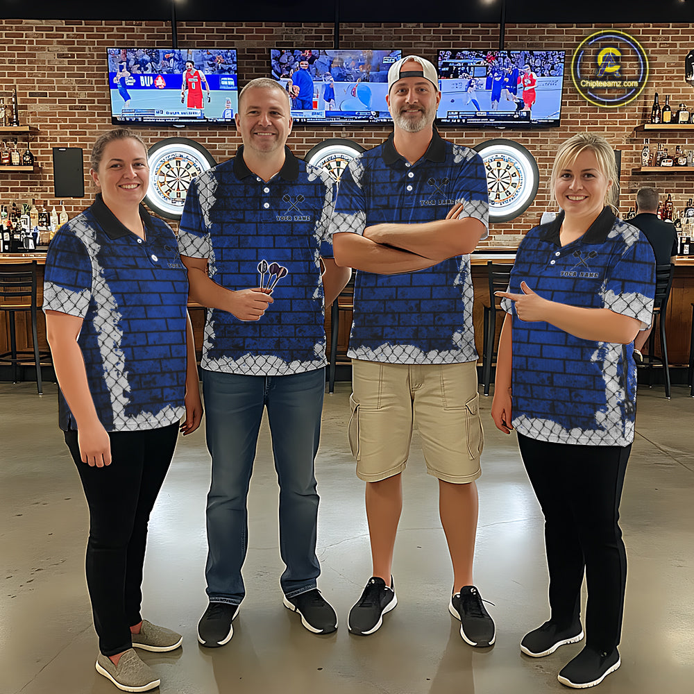 Blue Brick-Wall Fierce Bulldog Men Darts Polo Team Shirt Personalized Name For Players NYN2116