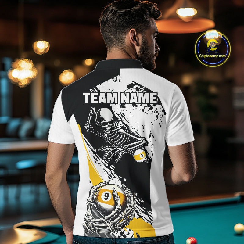 9 Ball Skeleton Custom Billiard Polo & 1/4 Zip Shirts For Men, Funny 9 Ball Pool Billiard Jerseys TDM5675