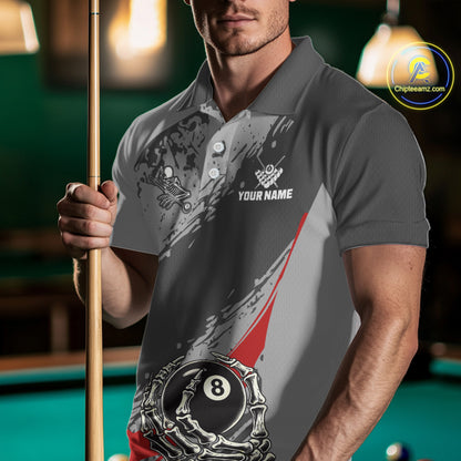 8 Ball Skeleton Custom Billiard Polo & 1/4 Zip For Men, Funny 8 Ball Pool Billiard Team Jersey|Red TDM5676