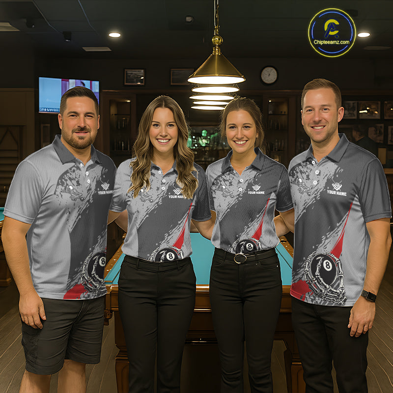 8 Ball Skeleton Custom Billiard Polo & 1/4 Zip For Men, Funny 8 Ball Pool Billiard Team Jersey|Red TDM5676